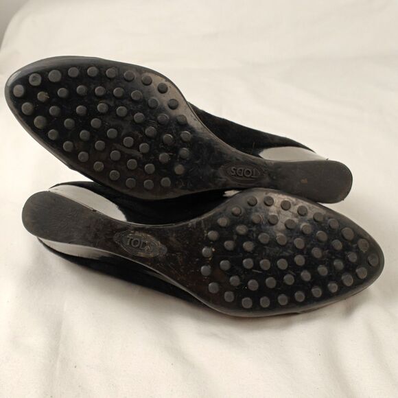 Tod’s Zeppa Decolette Women’s Wedge Pump Sz 37 Black Suede Patent Leather Heel - Picture 7 of 8